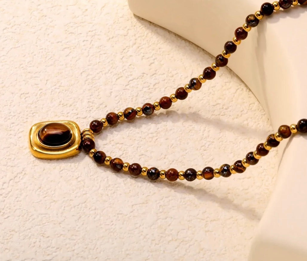 Natural Tiger's Eye Beaded Necklace with Square Pendant