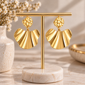 10mm Textured Circle + 24.5*20.3mm Pleated Scallop Earrings Gold Color