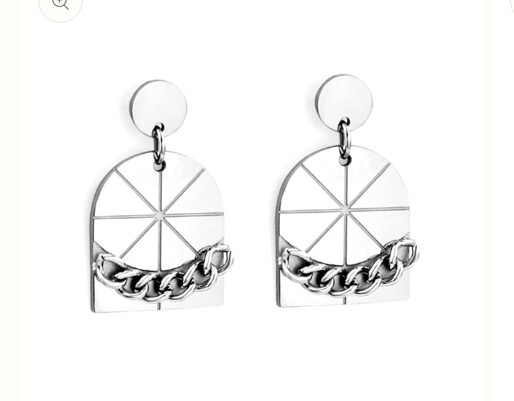 Stainless Steel Very Small Round + Large Window With Chain Stud Earrings