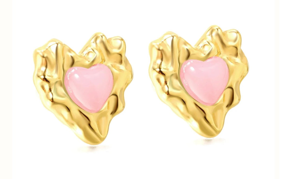 Pink Diamond Convex Heart Stud Earrings