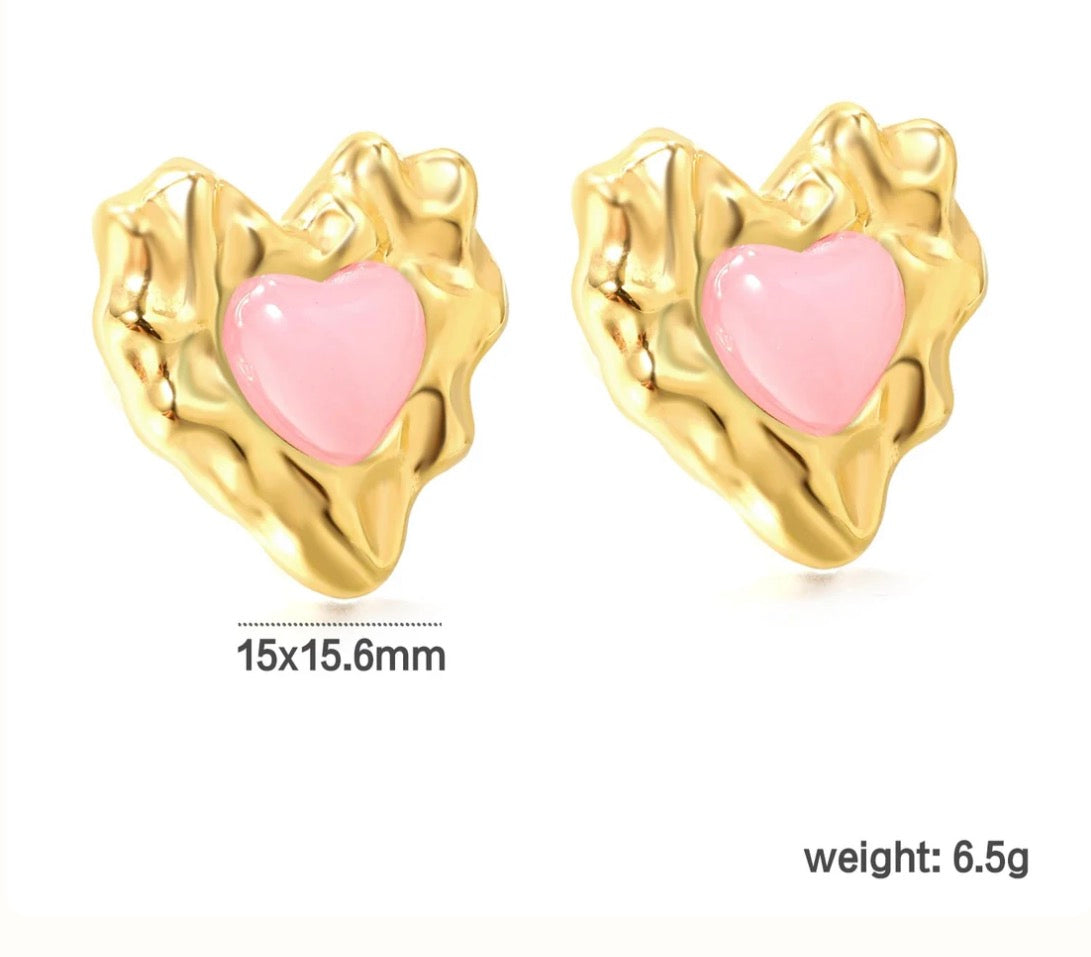Pink Diamond Convex Heart Stud Earrings
