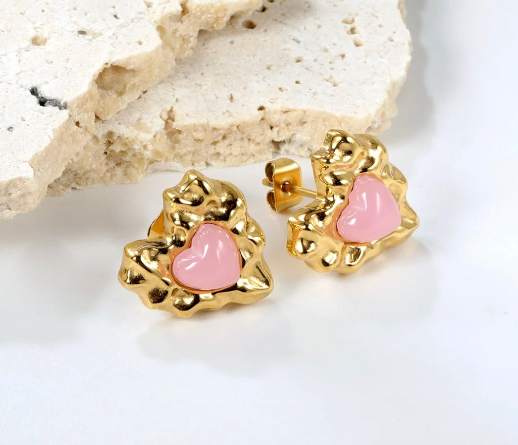 Pink Diamond Convex Heart Stud Earrings