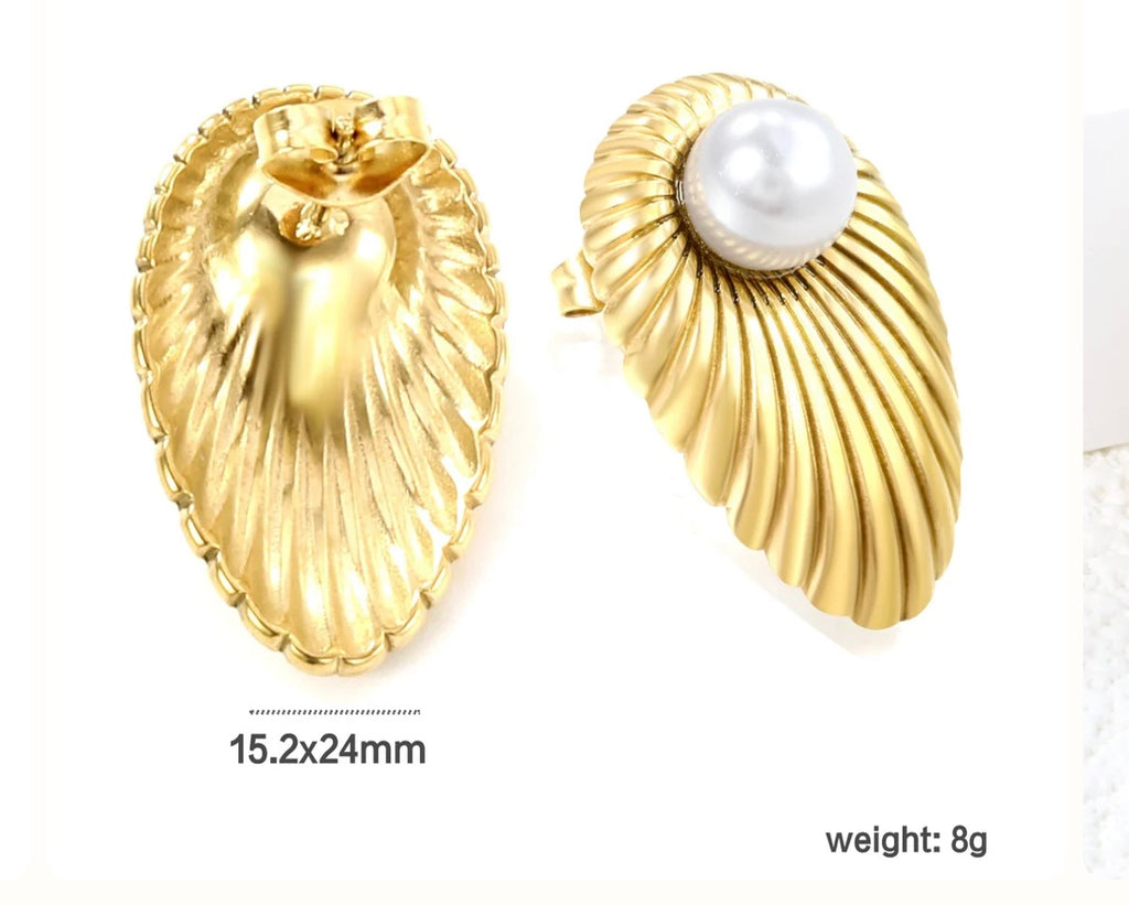 Oval Leaf with 1 White Pearl Stud Earrings 15.2*24mm
