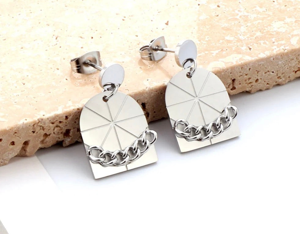 Stainless Steel Very Small Round + Large Window With Chain Stud Earrings